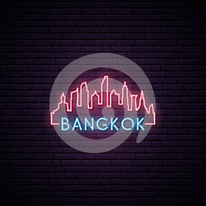 Concept neon skyline of Bangkok city. Bright Bangkok banner.