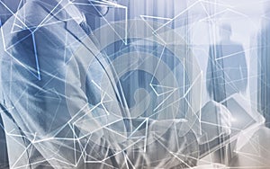 Concept of Network internet communication. 3d line. Engineer in the server room.