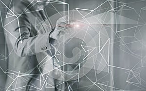 Concept of Network internet communication. 3d line. Engineer in the server room.