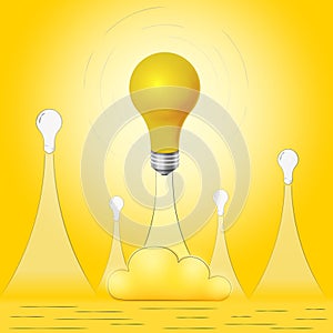 The concept of a new idea in the form of a large and small light bulbs taking off.