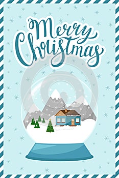 Concept of a new year, Christmas greeting card with the words Merry Christmas.Snow globe on a blue background with snowflakes.