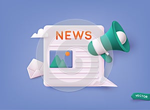 Concept News update. Newspaper icon, information about events, activities, company information and announcements for web page. 3D