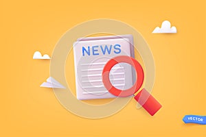 Concept News update. Newspaper icon with magnifying glass, information about events, activities, company information and