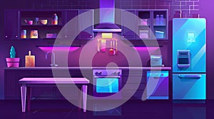 The concept of a night kitchen interior with a table and refrigerator in a dark, cozy, empty apartment. Clean purple