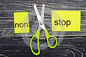 Concept non stop, action, I can, goal achievement, potential, overcoming. scissors cut the word