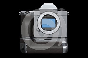Concept of nonexistent DSLR camera isolated on a black background.