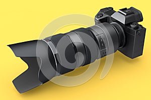 Concept of nonexistent DSLR camera with lens isolated on a yellow background.