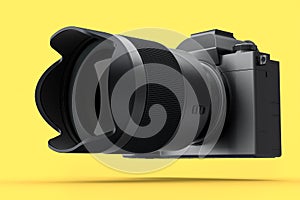 Concept of nonexistent DSLR camera with macro lens isolated on yellow background