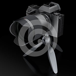 Concept of nonexistent DSLR camera with tripod isolated on black background.