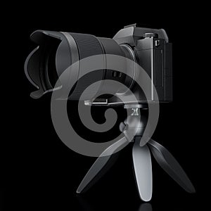 Concept of nonexistent DSLR camera with tripod isolated on black background.