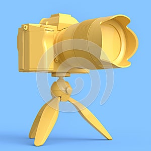 Concept of nonexistent DSLR camera with tripod isolated on blue monochrome