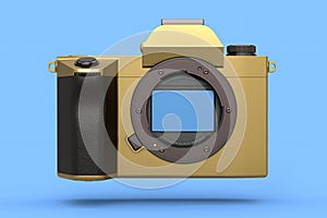 Concept of nonexistent gold DSLR camera isolated on blue background.