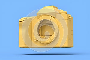 Concept of nonexistent gold DSLR camera isolated on blue monochrome background.