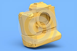 Concept of nonexistent gold DSLR camera isolated on blue monochrome background.