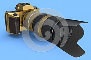 Concept of nonexistent gold DSLR camera with lens isolated on a blue background.