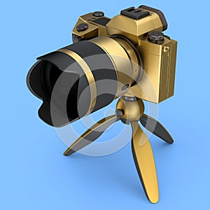 Concept of nonexistent gold DSLR camera with tripod isolated on blue.