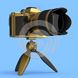 Concept of nonexistent gold DSLR camera with tripod isolated on blue.