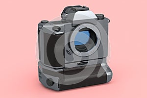 Concept of nonexistent silver DSLR camera isolated on pink background.
