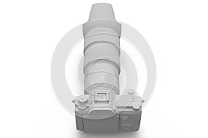 Concept of nonexistent silver DSLR camera with lens isolated on white monochrome