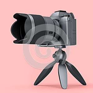 Concept of nonexistent silver DSLR camera with tripod isolated on pink.