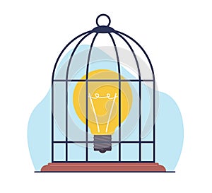 Concept of not realizing an idea, bird cage with golden light bulb locked inside. Limitation of thinking. Mental jail