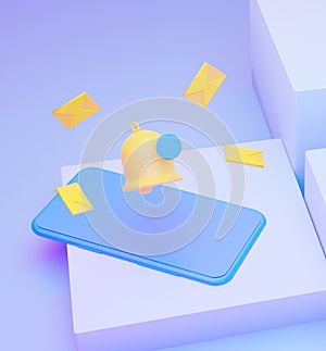 The concept of notifying an incoming email on a smartphone. A bell with flying envelopes. 3d rendering illustration