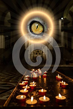 Concept occultism astrology magic. Candles burning in a dark church