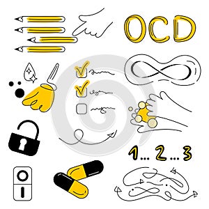 OCD set elements of symptoms, fear and intrusive thoughts. Vector illustration obsessive compulsive disorder with photo