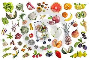 Concept of healthy food, Various Fruits and vegetables to eat five a day on withte background with a full grocery