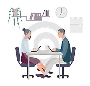 Concept for office romance, flirting at work, love-affair. Couple, man and woman working at the laptop. Colorful vector photo