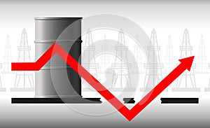 The concept of the oil crisis. The fall in oil prices, fuel. The red arrow of the graph against the background of the barrel falls