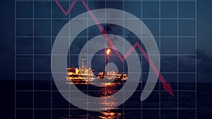 Concept of Oil price go down. Decrease oil animation. Oil rig and platform on background at night.