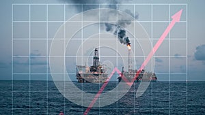 Concept of Oil price grows up. Increase oil animation. Oil rig and platform on background.