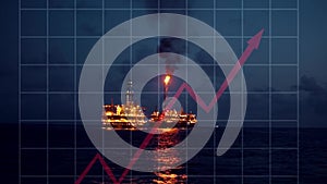 Concept of Oil price grows up. Increase oil animation. Oil rig and platform on background.