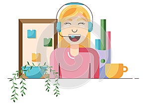 Concept of online assistant, call center or online support, female customer talking with client through headphones