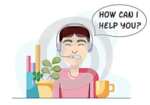 Concept of online assistant, call center or online support, male manager talking with client through headphones. Vector