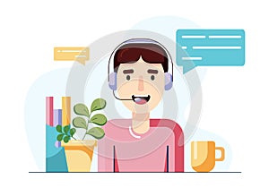 Concept of online assistant, call center or online support, male manager talking with client through headphones. Vector