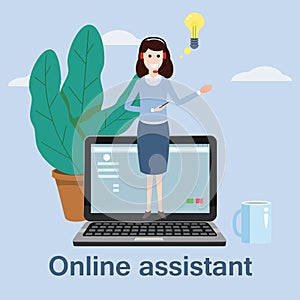 Concept online assistant, customer and operator, call centre, online global technical support 24-7. Vector illustration