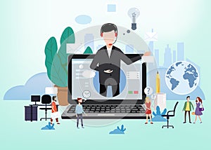 Concept online assistant, customer and operator, call centre, online global technical support 24-7. Vector illustration