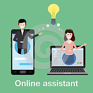 Concept online assistant, customer and operator, call centre, online global technical support 24-7. Vector illustration