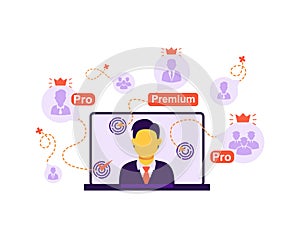 The concept of online broadcast, connecting viewers, online lesson, webinar training. Vector isolated background