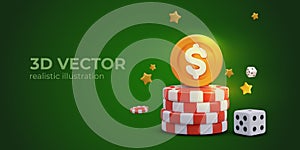 Concept of online casino. Buy red chips, win game. Poster with green background