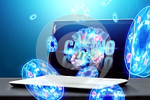 Concept for online casino, gambling, online money games, bets. Neon casino chips, casino inscription, poker cards, dice fly out of