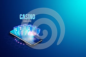 Concept for online casino, gambling, online money games, bets. Smartphone and neon casino sign, roulette, and dice. site header,