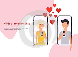Concept of online dating, beautiful young woman and man. People chatting in the smartphone screen, virtual relationship