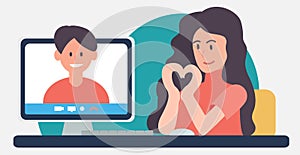 Concept of online dating. Girl and boy are chatting by videoconference at home. Heart sign with girl hands. Man at monitor screen