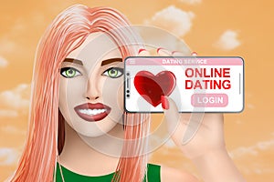 Concept online dating, matchmaking. Drawn beautiful girl on vivid background. Illustration