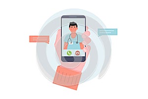 The concept of online doctor consultation via smartphone. A hand holding phone.