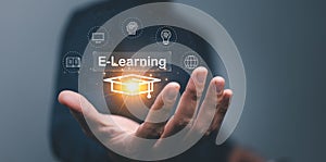Concept of Online education. man use Online education training and e-learning webinar on internet for personal development and