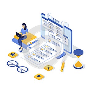 Concept of online exam, online testing, questionnaire form, online education, survey, internet quiz. Isometric vector